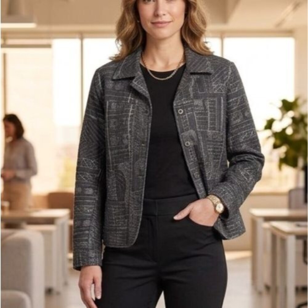 Chico Blazer Gray Silver Threads Artsy Eclectic Business Casual Sz 2
